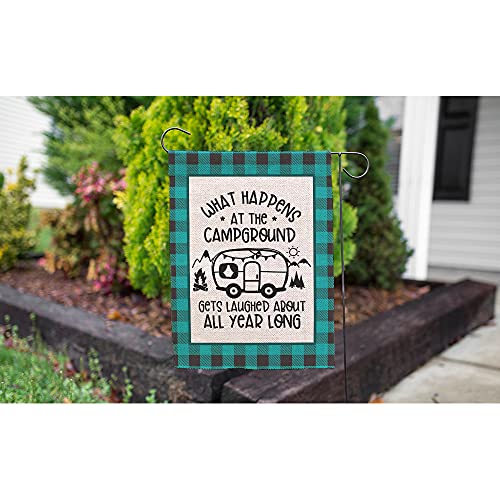 Moslion Camping Garden Flag 12.5x18 Inch Blue Black Plaid Bus Mountain What Happens at The Campground Get Laughed About All Year Yard Flag Burlap Banners Vertical Double Sided for Farm House Outside