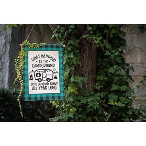 Moslion Camping Garden Flag 12.5x18 Inch Blue Black Plaid Bus Mountain What Happens at The Campground Get Laughed About All Year Yard Flag Burlap Banners Vertical Double Sided for Farm House Outside