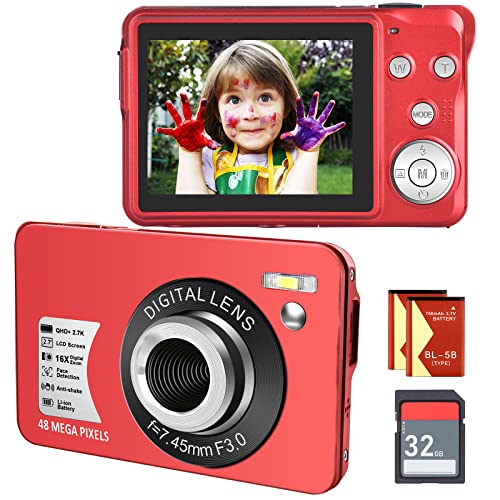 Digital Camera, Kids Camera for Teens Boys and Girls, 48MP 2.7K Digital Camera with 16X Digital Zoom, 32 GB SD Card and 2 Batteries Included (Red)