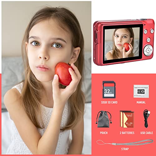 Digital Camera, Kids Camera for Teens Boys and Girls, 48MP 2.7K Digital Camera with 16X Digital Zoom, 32 GB SD Card and 2 Batteries Included (Red)