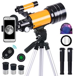 telescope for adults & kids, 70mm aperture professional astronomy refractor telescope for beginners, 300mm portable refractor telescope with az mount, phone adapter & wireless remote (orange)