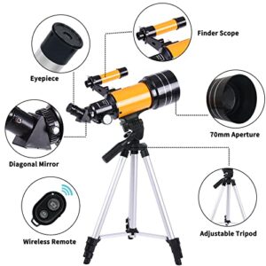 Telescope for Adults & Kids, 70mm Aperture Professional Astronomy Refractor Telescope for Beginners, 300mm Portable Refractor Telescope with AZ Mount, Phone Adapter & Wireless Remote (Orange)