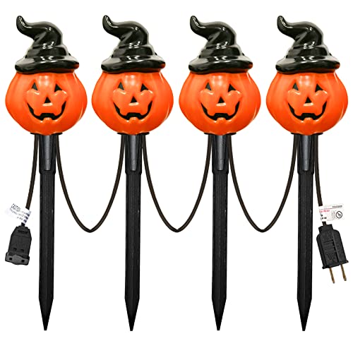 Halloween Decorations Outdoor C7 Halloween Pumpkin Pathway Stake Lights, 7Ft Jack-o-Lantern Garden Stakes with 4 C7 Bulbs, Halloween Pathway String Lights for Outdoor Garden Walkway Party Lighting