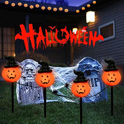 Halloween Decorations Outdoor C7 Halloween Pumpkin Pathway Stake Lights, 7Ft Jack-o-Lantern Garden Stakes with 4 C7 Bulbs, Halloween Pathway String Lights for Outdoor Garden Walkway Party Lighting