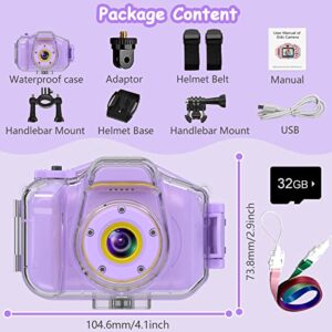 DEKER Kids Camera Waterproof Boys Girls Toys 3-12 Year Old Christmas Birthday Gifts Kids Underwater Mini Camcorder Cameras Children HD Digital Action Camera 2 Inch IPS Screen with 32GB Card (Lavender)