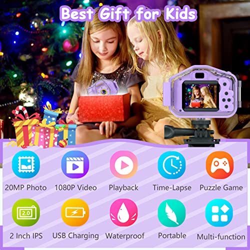 DEKER Kids Camera Waterproof Boys Girls Toys 3-12 Year Old Christmas Birthday Gifts Kids Underwater Mini Camcorder Cameras Children HD Digital Action Camera 2 Inch IPS Screen with 32GB Card (Lavender)