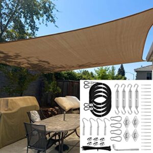Sun Shade Sail 16'x16' Brown & Shade Sail Hardware Kit with Nylon Coated Cable Wire