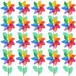 jucoan 20 pack rainbow pinwheels, 9.8 inch plastic colorful windmills with wood sticks, pre-assembled party favor wind spinners for garden, yard decoration.