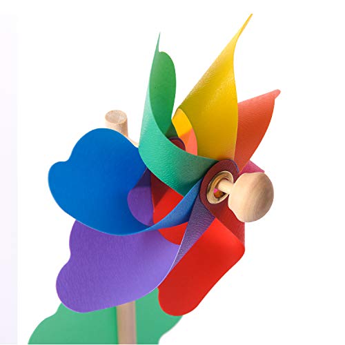 Jucoan 20 Pack Rainbow Pinwheels, 9.8 Inch Plastic Colorful Windmills with Wood Sticks, Pre-Assembled Party Favor Wind Spinners for Garden, Yard Decoration.