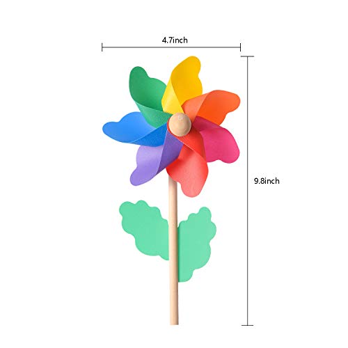 Jucoan 20 Pack Rainbow Pinwheels, 9.8 Inch Plastic Colorful Windmills with Wood Sticks, Pre-Assembled Party Favor Wind Spinners for Garden, Yard Decoration.