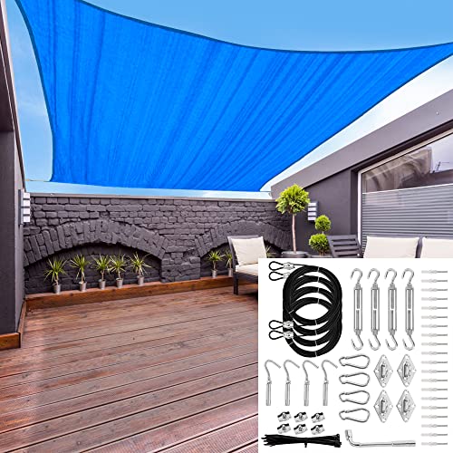 Sun Shade Sail 16'x16' Blue & Shade Sail Hardware Kit with Nylon Coated Cable Wire