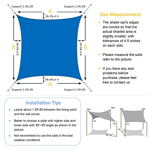 Sun Shade Sail 16'x16' Blue & Shade Sail Hardware Kit with Nylon Coated Cable Wire