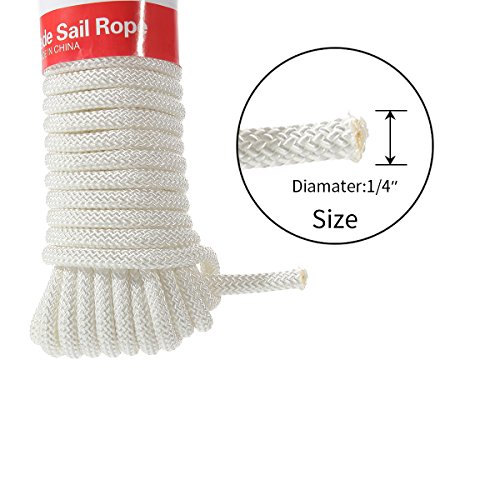 DIIG Sun Shade Sail Rope, Outdoor 50 Feet Diamond Solid Straps Braid Polyester Line - 1/4” All Purpose Tie-Down Ropes for Garden, Patio, Camping, Sailing & Flag Flying (White)