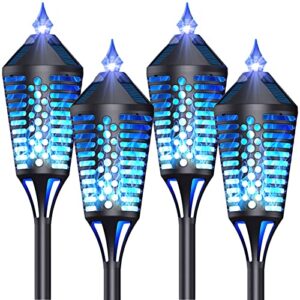 nefcase solar torch lights with flickering flame, 40″ outdoor waterproof solar flame torch lights, auto on/off security solar tiki torches for yard deck garden patio decoration (4pack, blue)