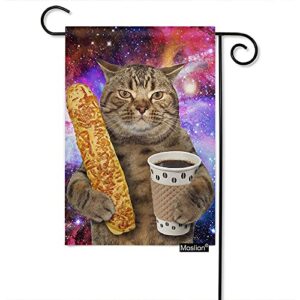moslion funny cat garden flag vertical double sided kitten with bread coffee on starry sky cute animal house flags home burlap banners 12.5×18 inch for outdoor decor lawn