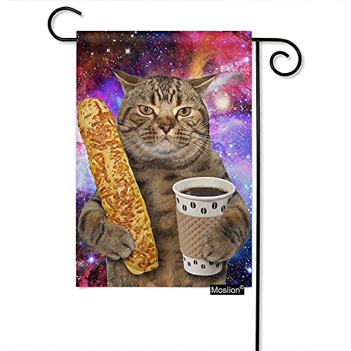 Moslion Funny Cat Garden Flag Vertical Double Sided Kitten with Bread Coffee on Starry Sky Cute Animal House Flags Home Burlap Banners 12.5x18 Inch for Outdoor Decor Lawn