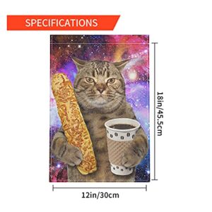 Moslion Funny Cat Garden Flag Vertical Double Sided Kitten with Bread Coffee on Starry Sky Cute Animal House Flags Home Burlap Banners 12.5x18 Inch for Outdoor Decor Lawn