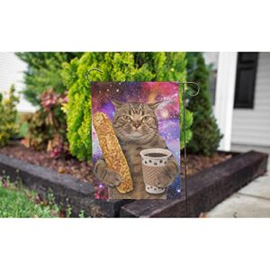 Moslion Funny Cat Garden Flag Vertical Double Sided Kitten with Bread Coffee on Starry Sky Cute Animal House Flags Home Burlap Banners 12.5x18 Inch for Outdoor Decor Lawn