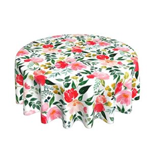summer spring floral tablecloth round 60 inch,watercolor pink flower green leaf table cover water resistant washable polyester circle table cloth for kitchen dining indoor outdoor table decor