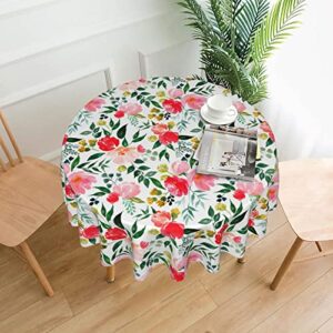 Summer Spring Floral Tablecloth Round 60 Inch,Watercolor Pink Flower Green Leaf Table Cover Water Resistant Washable Polyester Circle Table Cloth for Kitchen Dining Indoor Outdoor Table Decor