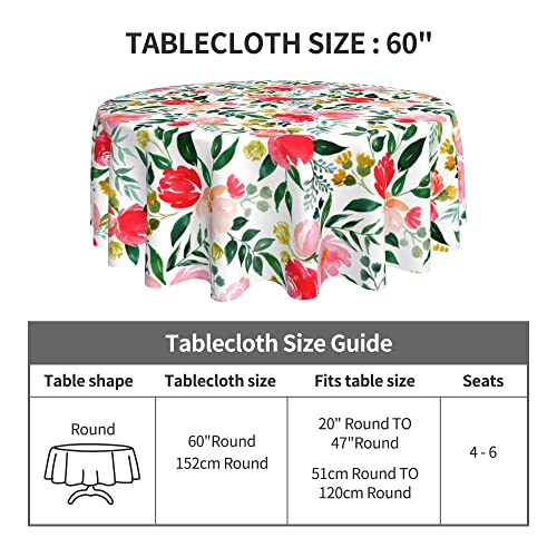 Summer Spring Floral Tablecloth Round 60 Inch,Watercolor Pink Flower Green Leaf Table Cover Water Resistant Washable Polyester Circle Table Cloth for Kitchen Dining Indoor Outdoor Table Decor