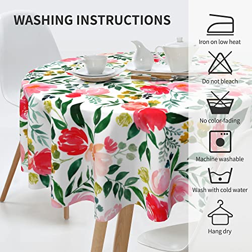 Summer Spring Floral Tablecloth Round 60 Inch,Watercolor Pink Flower Green Leaf Table Cover Water Resistant Washable Polyester Circle Table Cloth for Kitchen Dining Indoor Outdoor Table Decor