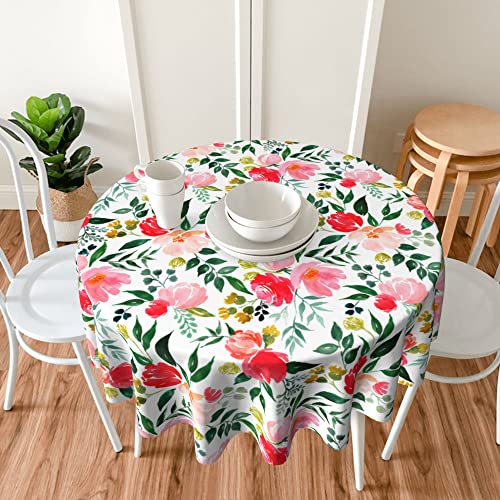 Summer Spring Floral Tablecloth Round 60 Inch,Watercolor Pink Flower Green Leaf Table Cover Water Resistant Washable Polyester Circle Table Cloth for Kitchen Dining Indoor Outdoor Table Decor