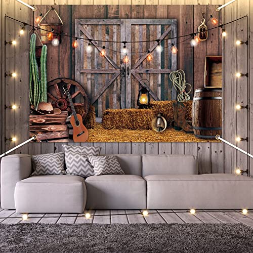 7 x 5 Ft Western Cowboy Backdrop Western Party Supplies Decorations Wild West Decor Rustic Wooden House Barn Photography Background for Kids Boy Children Boy Baby Birthday Banner Photo Booth