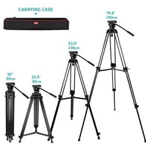 Video Tripod, COMAN KX3636 74 inch Professional Heavy Duty Aluminum Tripod with Quick Release Plate and 360 Degree Fluid Head for DSLR, Camcorder, Cameras Max Load:17.6lbs/8Kg