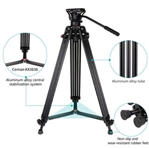 Video Tripod, COMAN KX3636 74 inch Professional Heavy Duty Aluminum Tripod with Quick Release Plate and 360 Degree Fluid Head for DSLR, Camcorder, Cameras Max Load:17.6lbs/8Kg