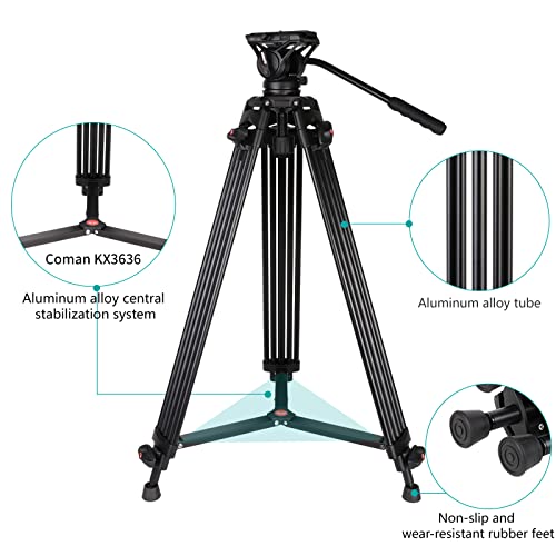 Video Tripod, COMAN KX3636 74 inch Professional Heavy Duty Aluminum Tripod with Quick Release Plate and 360 Degree Fluid Head for DSLR, Camcorder, Cameras Max Load:17.6lbs/8Kg