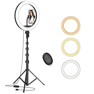12″ selfie ring light with 63″ adjustable tripod stand and phone holder, led dimmable ringlight with remote, for live stream/photography/makeup/youtube video, compatible with cell phones, cameras