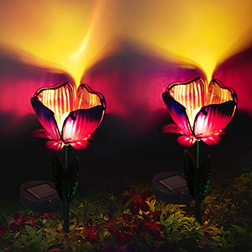 Pannow 2 Pack Large Metal Glass Solar Flowers Lights, Garden Solar Lights Outdoor,Solar Powered Stake Lights,Decorative Garden Lights for Walkway,Pathway,Yard,Lawn