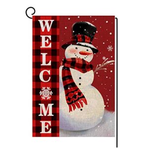 welcome christmas garden flag double sided snowman with buffalo plaid scarf garden flag, winter christmas rustic yard outdoor decoration 12.5 x 18 inch