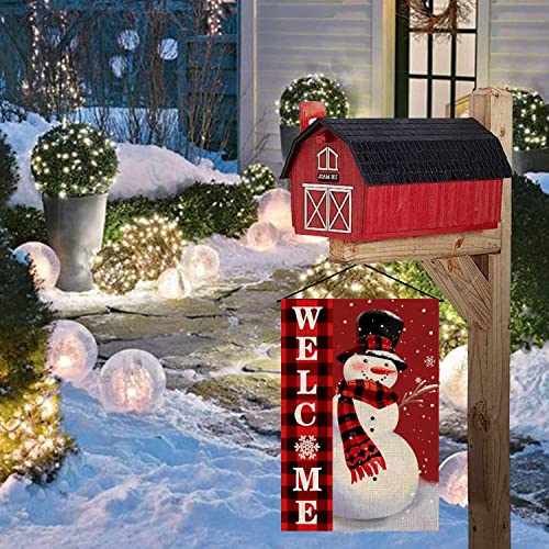 Welcome Christmas Garden Flag Double Sided Snowman with Buffalo Plaid Scarf Garden Flag, Winter Christmas Rustic Yard Outdoor Decoration 12.5 x 18 Inch