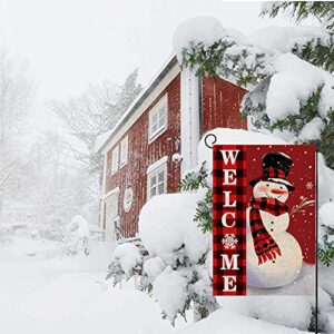 Welcome Christmas Garden Flag Double Sided Snowman with Buffalo Plaid Scarf Garden Flag, Winter Christmas Rustic Yard Outdoor Decoration 12.5 x 18 Inch