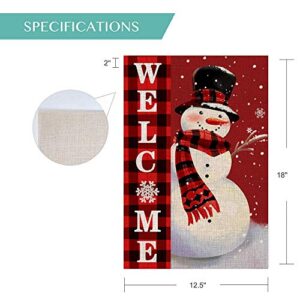 Welcome Christmas Garden Flag Double Sided Snowman with Buffalo Plaid Scarf Garden Flag, Winter Christmas Rustic Yard Outdoor Decoration 12.5 x 18 Inch