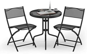 middow 3pcs metal bistro chair set, round coffee table w/folding chairs set, outdoor/indoor patio furniture set w/rust-proof steel frame & glass tabletop, ideal for garden/backyard/balcony, black