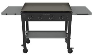 megamaster 720-0786f outdoor portable cooking 4-burner propane gas griddle grill, flat top for camping, outdoor cooking, patio, garden, cart with caster, side shelves with hooks, black and grey