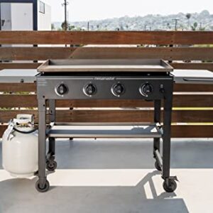 Megamaster 720-0786F Outdoor Portable Cooking 4-Burner Propane Gas Griddle Grill, Flat Top for Camping, Outdoor Cooking, Patio, Garden, Cart with Caster, Side Shelves with Hooks, Black and Grey