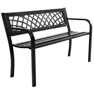 giantex patio garden bench loveseats park yard furniture decor cast iron frame black (black steel w/pvc mesh pattern)