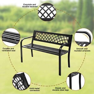 Giantex Patio Garden Bench Loveseats Park Yard Furniture Decor Cast Iron Frame Black (Black Steel W/PVC Mesh Pattern)