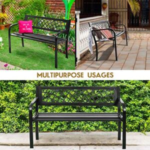 Giantex Patio Garden Bench Loveseats Park Yard Furniture Decor Cast Iron Frame Black (Black Steel W/PVC Mesh Pattern)