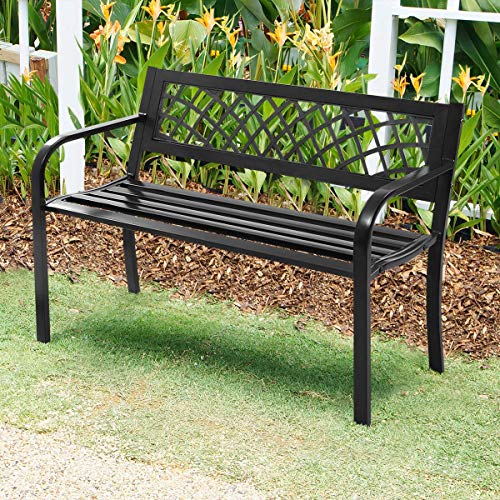 Giantex Patio Garden Bench Loveseats Park Yard Furniture Decor Cast Iron Frame Black (Black Steel W/PVC Mesh Pattern)