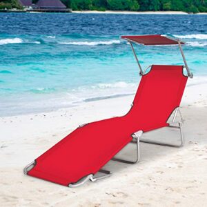 GYMAX Lounge Chair, Folding Recliner Patio Chair for Outdoor Patio Garden Beach Pool with Adjustable Reclining Positions, Sun Shade (Red)