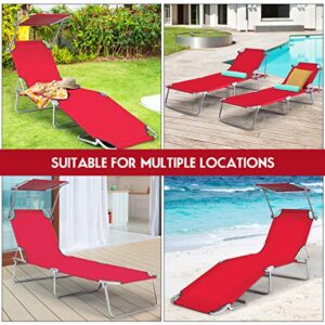 GYMAX Lounge Chair, Folding Recliner Patio Chair for Outdoor Patio Garden Beach Pool with Adjustable Reclining Positions, Sun Shade (Red)