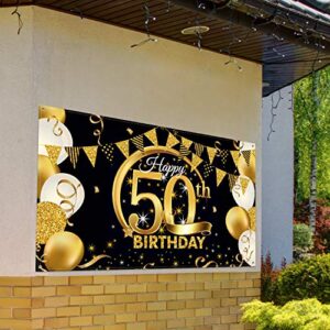 Birthday Party Decoration Extra Large Fabric Black Gold Sign Poster for Anniversary Photo Booth Backdrop Background Banner, Birthday Party Supplies, 72.8 x 43.3 Inch (50th)