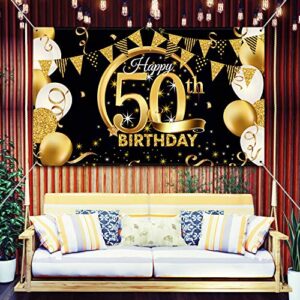 Birthday Party Decoration Extra Large Fabric Black Gold Sign Poster for Anniversary Photo Booth Backdrop Background Banner, Birthday Party Supplies, 72.8 x 43.3 Inch (50th)