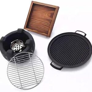 Buachois Round Carbon Barbecue,Charcoal Table Grill,Japanese Style BBQ Grill,Japanese Non-electric Griddles, Mini Square Grill with Wooden Base for Picnic Garden Camping 19x19x18 cm / 7.5x7.5x7.1 in