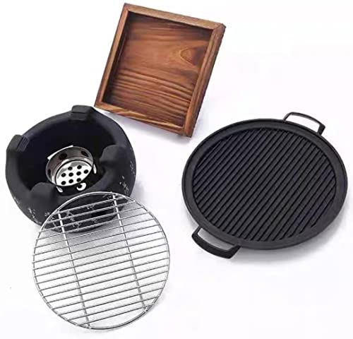 Buachois Round Carbon Barbecue,Charcoal Table Grill,Japanese Style BBQ Grill,Japanese Non-electric Griddles, Mini Square Grill with Wooden Base for Picnic Garden Camping 19x19x18 cm / 7.5x7.5x7.1 in